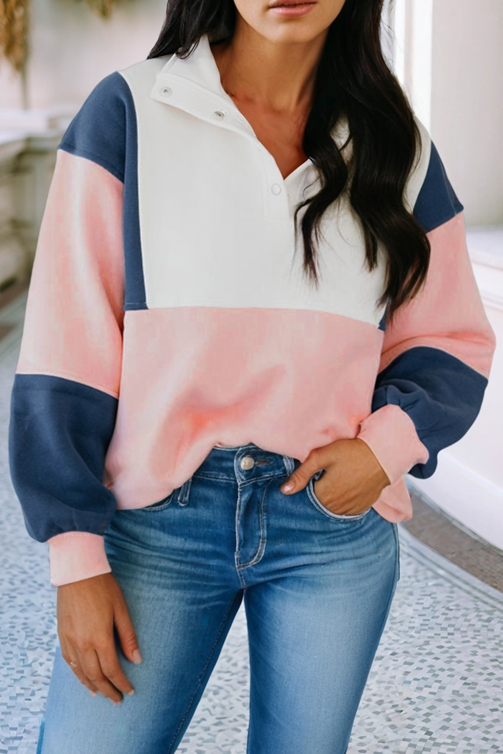 LDC Colorblock Patchwork Half Button Baggy Sweatshirt